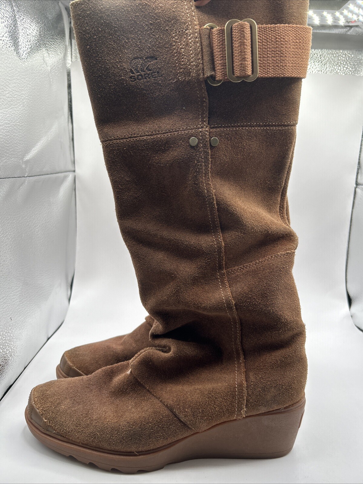SOREL Toronto Brown Suede Wedge Heel Tall Boots Women’s Size 8.5