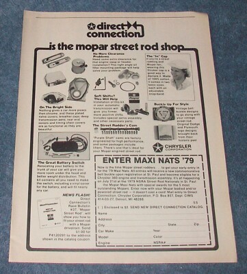 1979 Direct Connection Performance Parts Vintage Ad ''...Mopar Street Rod Shop''
