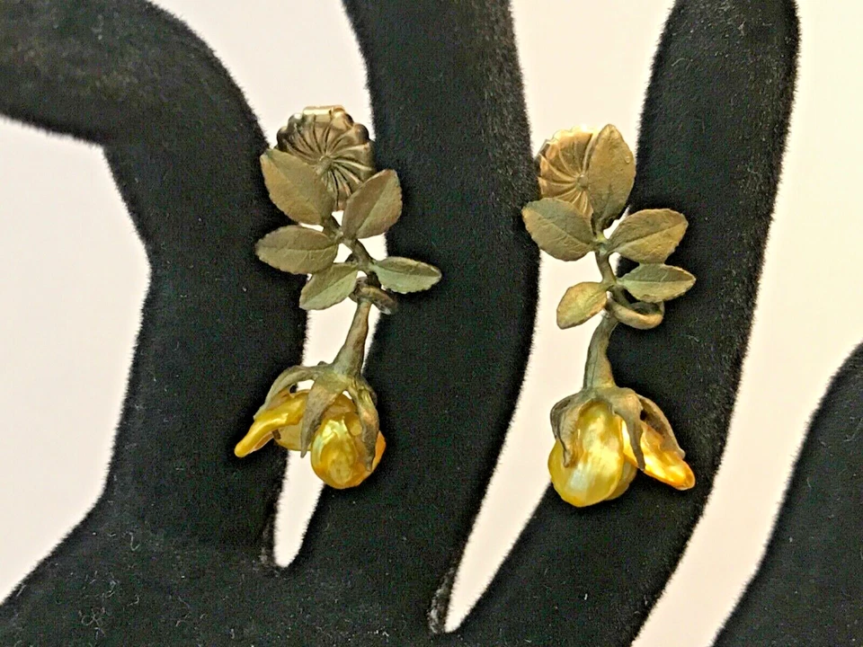 Vintage MICHAEL MICHAUD “WILD YELLOW ROSE” EARRINGS w/Keshi Pearl Petals 1993 - Image 2 of 4