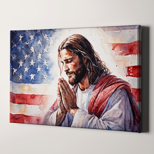 In God We Trust - Jesus Praying With American Flag USA Canvas Print Wall Art - Picture 2 of 4