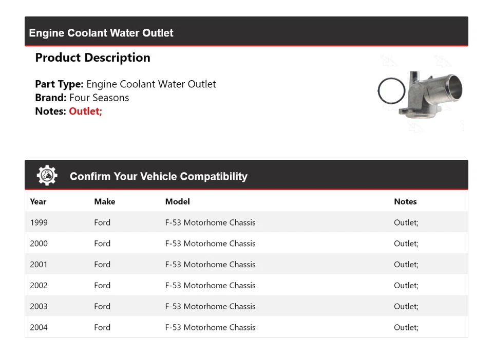 For 1999-2004 Ford F-53 Motorhome Chassis Engine Coolant Water Outlet 4 Seasons - Image 2 of 4
