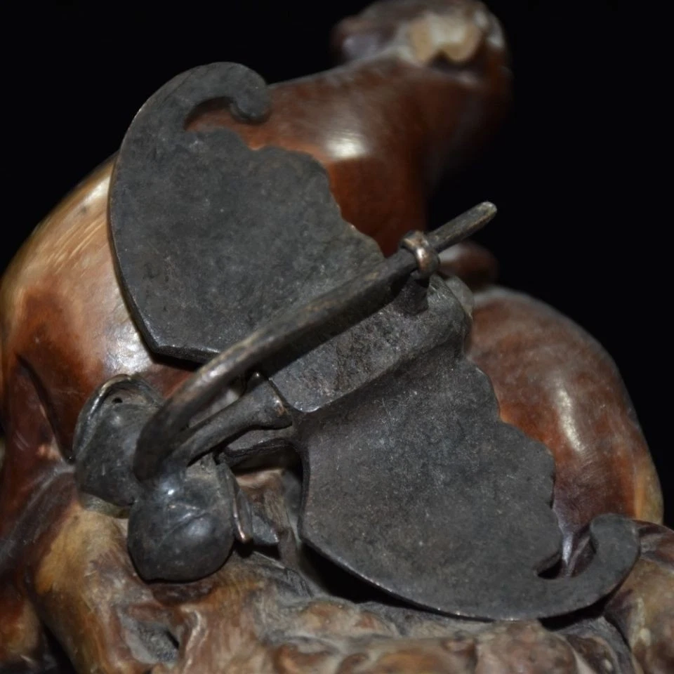 Antiguo Chino Antiguo Estilo Bronce Cobre Trabajo Hecho a Mano Murciélago Cerradura Llave Foto 3 de 4