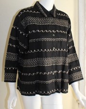 Chico's -Sz 2 L Black All Embroidered 100 Linen Art-Wear 3/4 Shirt Jacket Top