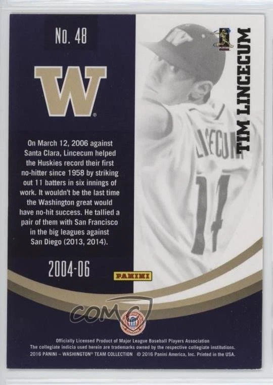 2016 Panini University of Washington Huskies Tim Lincecum #48 - Image 2 of 2