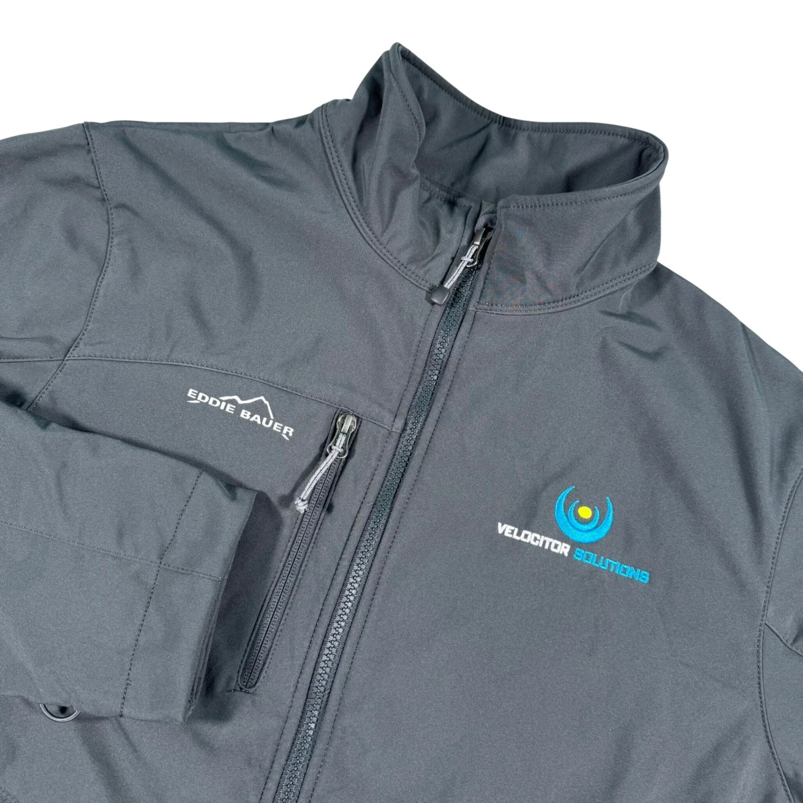 Eddie Bauer Softshell Jacket Mens L Gray Full Zip Fleece Lined Velocitor Logo