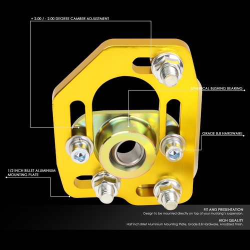 Fit 90-93 Ford Mustang Front Adjustable +/-3.0 Camber +/-2.0 Caster Plates Gold - Picture 2 of 5