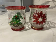 Candle Christmas Poinsettia/Tree Crackle Glass Tealight Votive Holder Holiday