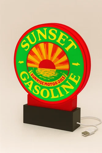 Lighted Sunset Gasoline Sign – Approx. 9" Wide – Vintage Style
