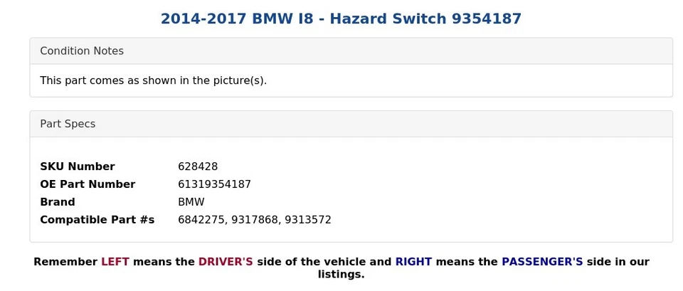 BMW I8 2014-2017 - Interruptor de peligro 9354187 Foto 4 de 4