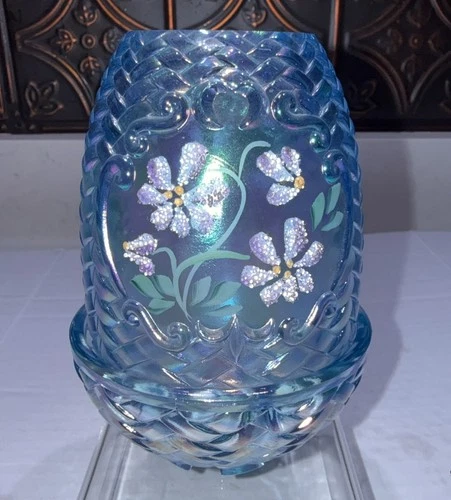 Fenton Fairy Lamp Blue Basketweave with Floral Frit painted by S Fisher 4.5”