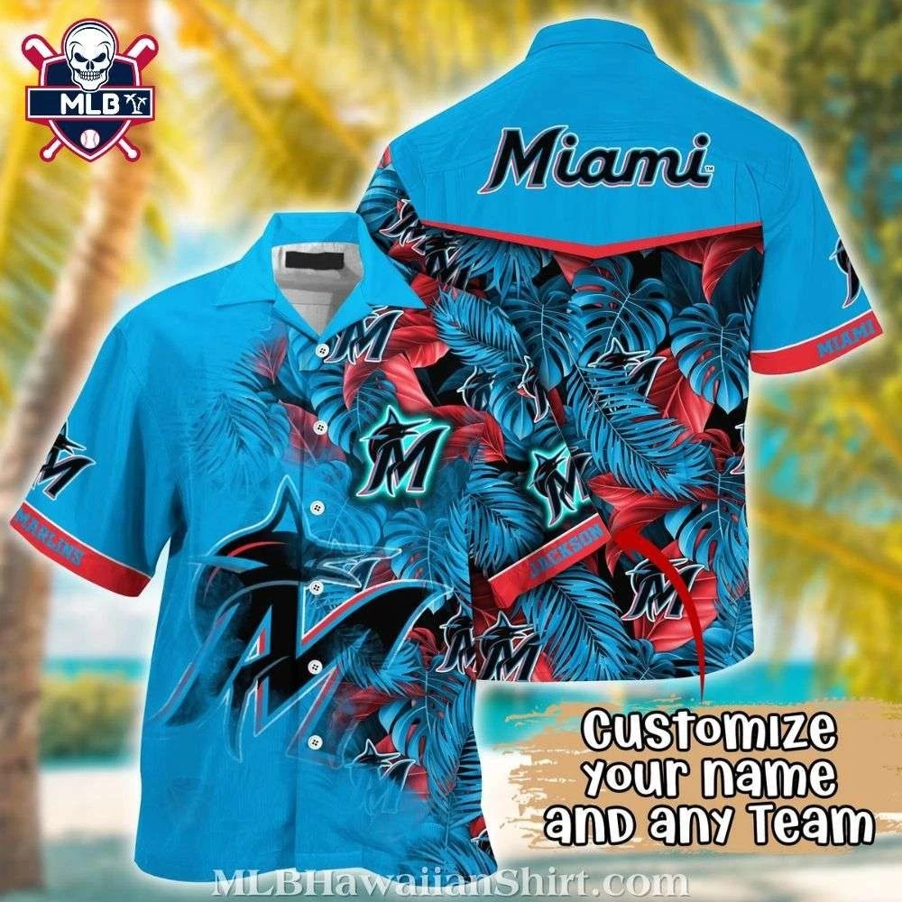 Customizable Miami Baseball Team Marlinss Tropical Leaves Hawaiian Shirt – Teal
