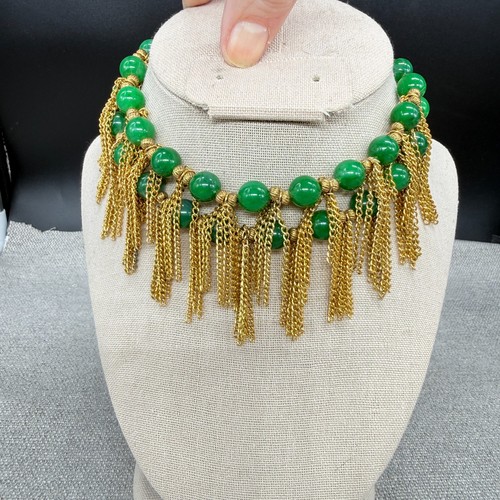 Vintage Choker Necklace Double Strand Green Acrylic Beads Gold Tone Tassels