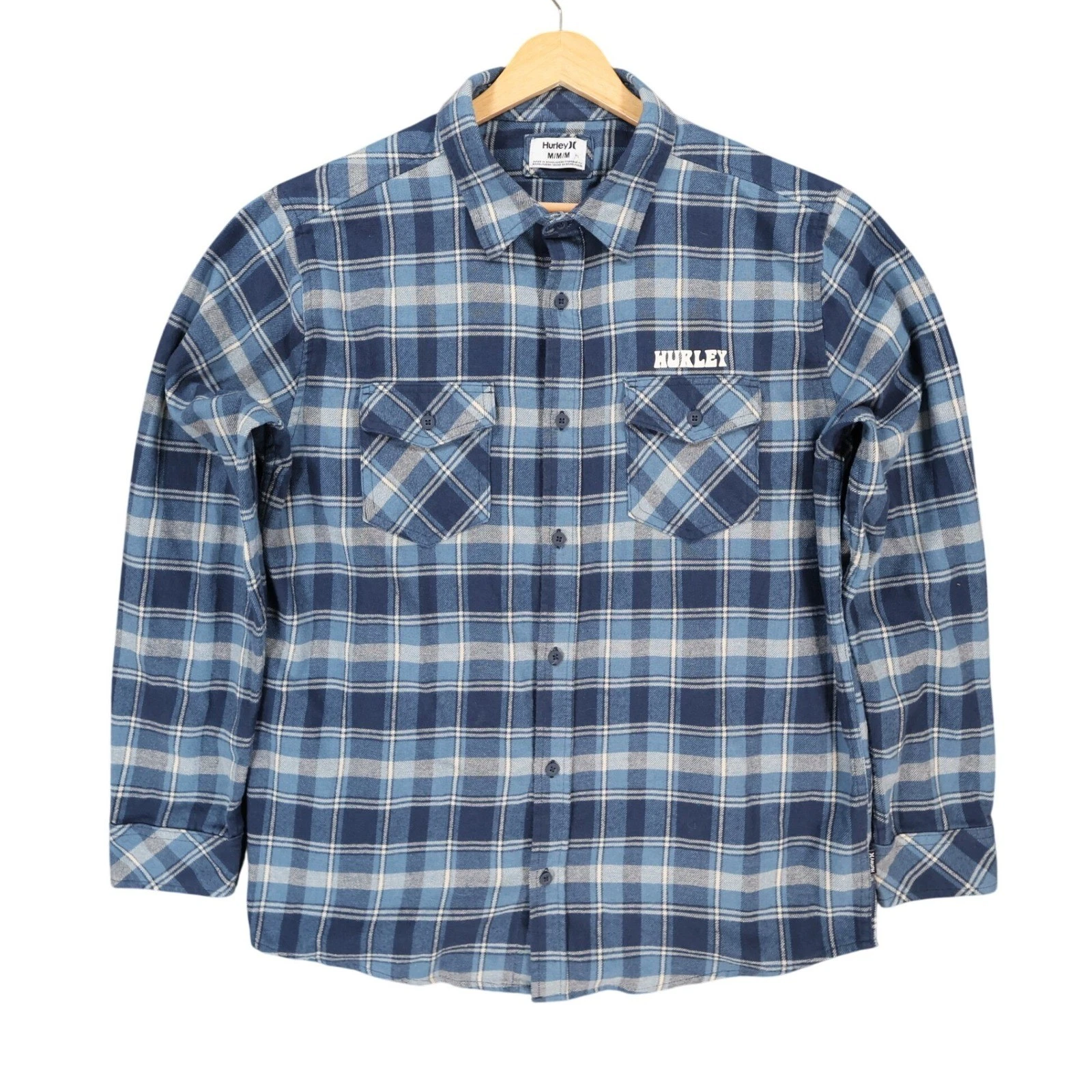 Hurley Flannel Shirt Mens Medium Blue Plaid Cotton Blend Regular Fit Button Up