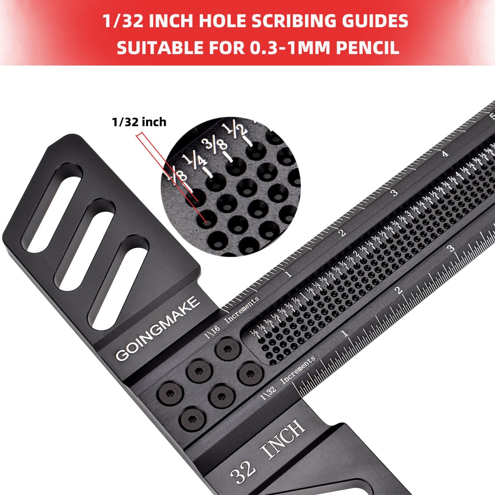 Woodworking T-Square 32 Inch Aluminum Alloy T Square Ruler 1/32" Hole Scrbing...