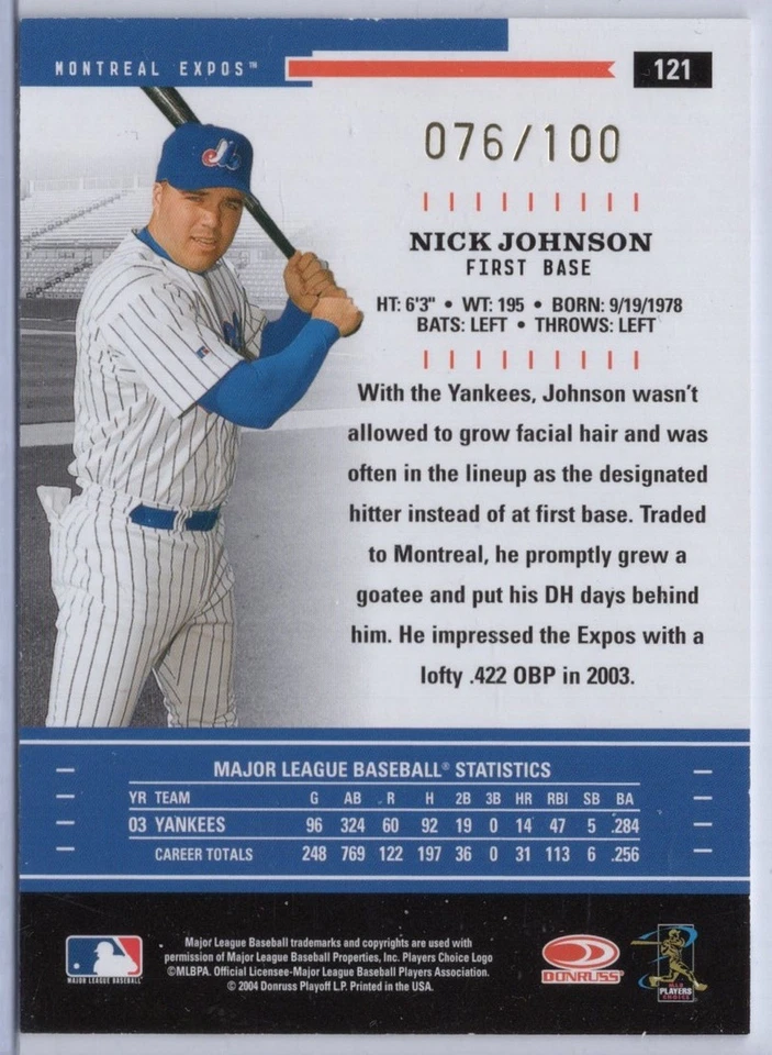 2004 Donruss Throwback Threads Gold #121 Nick Johnson #'d 076/100 - Image 2 of 2