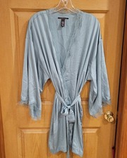 Victoria  s Secret Green Satin Robe Lace Trim Kimono Belted Sleepwear M/L