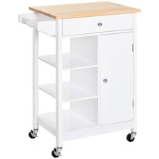 HOMCOM Kitchen Storage Trolley Unit Wood Top Shelves Cupboard Drawer Rail White