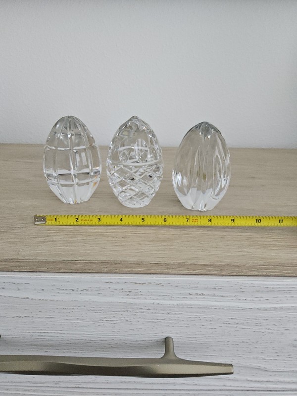 Trio (3) Hand Cut Egg Shaped Solid Crystal Paperweights 4.5"H