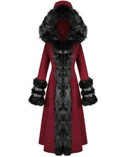Devil Fashion Damen langer Gothic Lolita Wintermantel mit Kapuze rot schwarz Kunstfell
