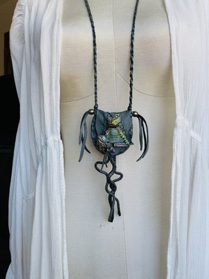 Custom Snake Bismuth Quartz Leather Medicine Bag Necklace festival tribal goth