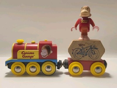 BRIO Curious George Wooden Train Engine Toy w/Train Car w/Bikes & CG Figure