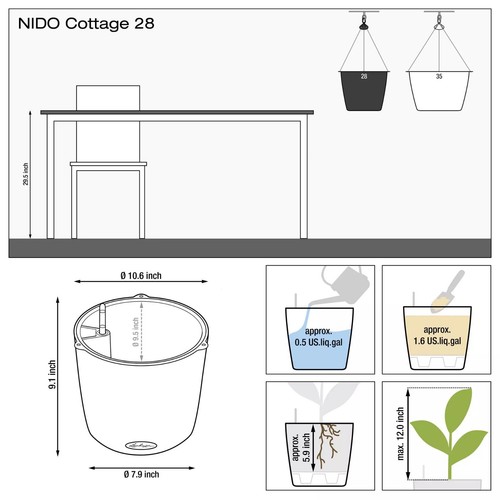 Lechuza Self Watering Hanging Basket Planter Nido 28 Premium Flower Herbs Pot - Picture 9 of 19