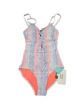 Sunseeker Blue and Pink Striped Lace Up One-Piece Swimsuit Size 4