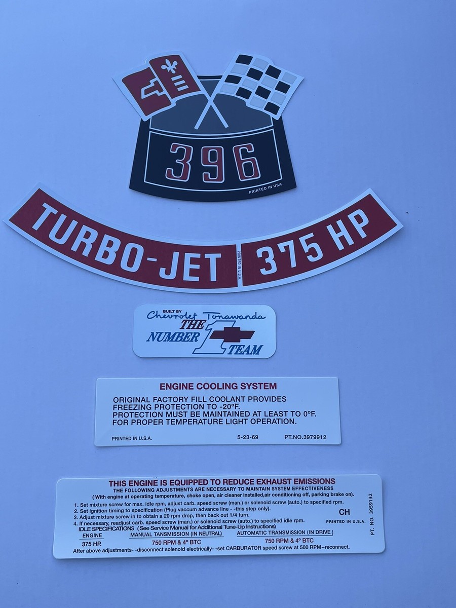 5 decals kit 69 Chevelle 396 / 375 Decals Engine Air Cleaner Valve