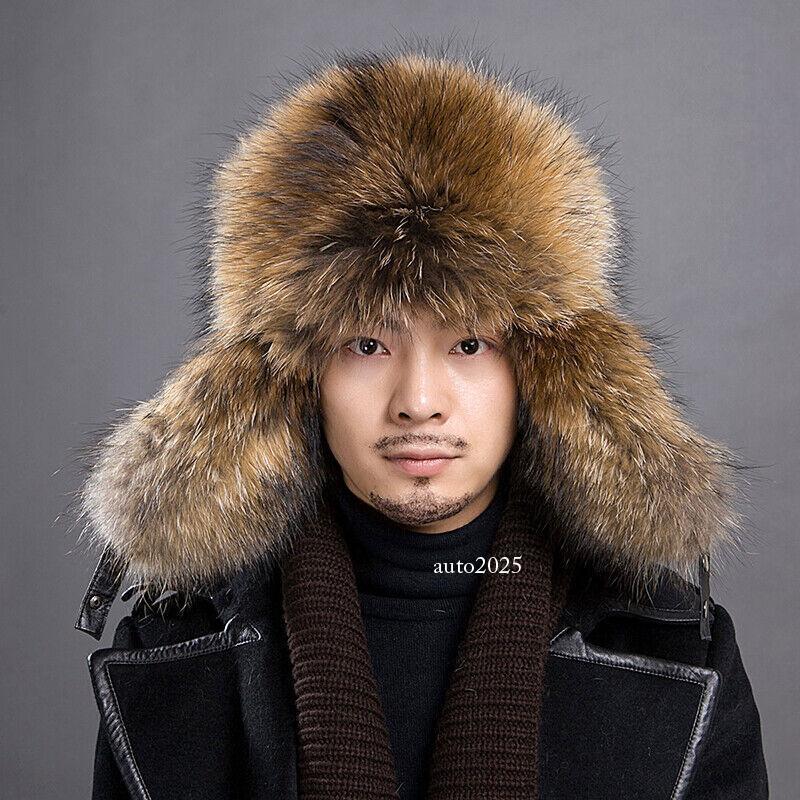 Warm Mens Real Fox Fur Sheepskin Leather Trapper Hat Ushanka 