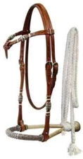 WESTERN LEATHER BROW BAND STYLE BROWN HEADSTALL WITH BOSAL MECATE REINS F/SHIP