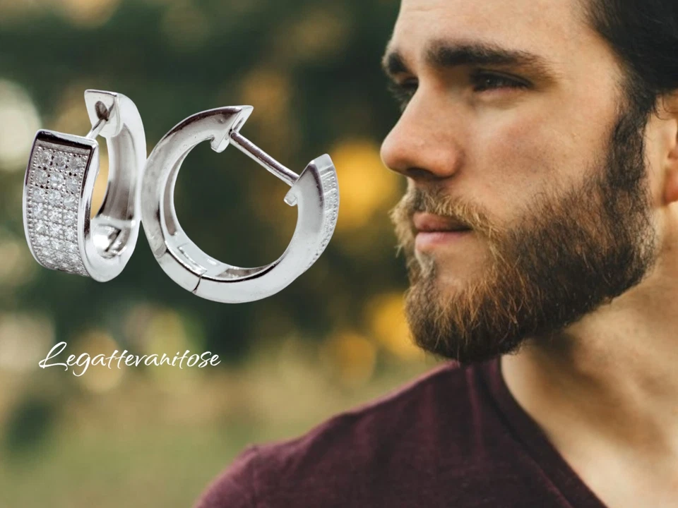 Orecchini Cerchio. orecchini uomo donna argento 925 con zirconi bianchi 14 mm - Immagine 3 di 4