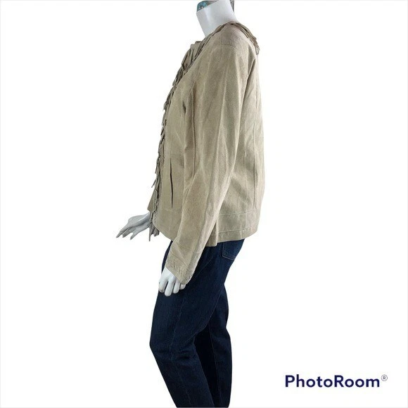 Pamela McCoy 系列燕麦米色麂皮绒 100% 皮革夹克条纹 M 码 — 第 3/4 张图片