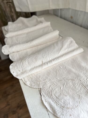 SET vintage French EMBROIDED linen cotton sheet OPENWORKS & 2 PILLOW SHAMS c1950 - Picture 1 of 23