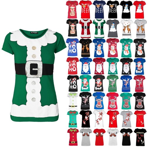 Womens Ladies Crew Neck Christmas Cap Sleeve Xmas Santa Costume Jersey T Shirt - Picture 1 of 34