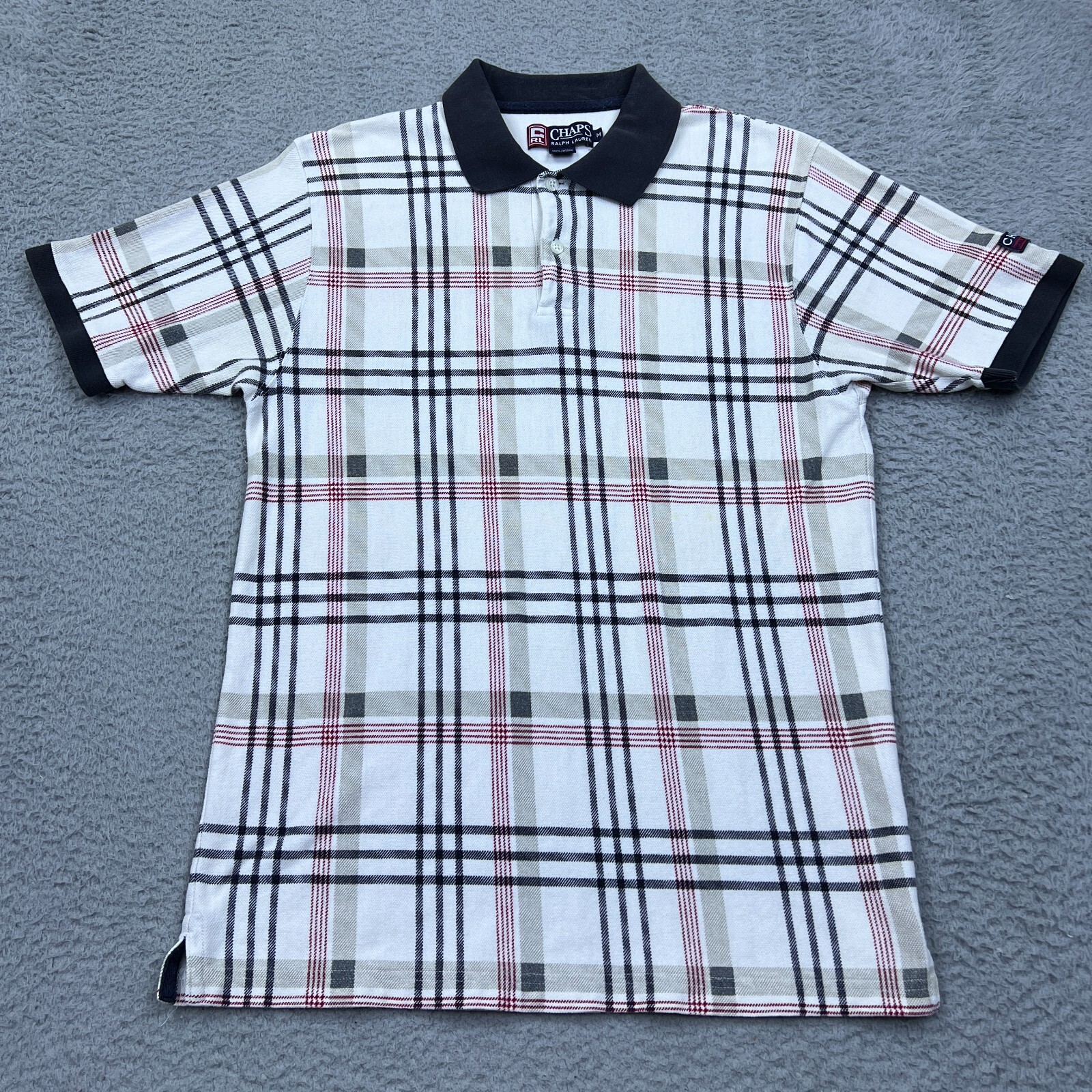 VTG Chaps Ralph Lauren Ringer Polo Shirt Mens Medium Multicolor Plaid Retro