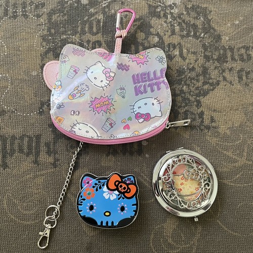Hello Kitty irisierendes Reisetaschen-Set + kompakter Schminkspiegel + blaue Dose selten - Bild 2 von 9