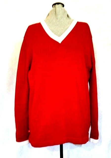 Womens Lauren Ralph Lauren Red College Jumper V neck Sweater Large | eBay