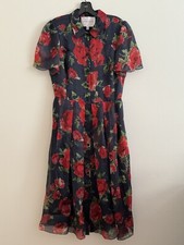 NEW Carolina Herrera Size 8 Collared Shirt Dress Silk Floral Blue Red Midi