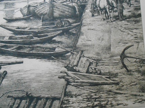 FRANKFURT am Main anno 1908 . Hafen Pferde Fuhrwerk Frachtkähne . Radierung - Bild 4 von 7