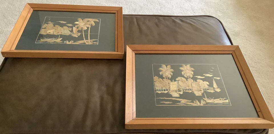 Cuadro de paja malaya marca rosa vintage * Hermosa obra de arte enmarcada Foto 3 de 4