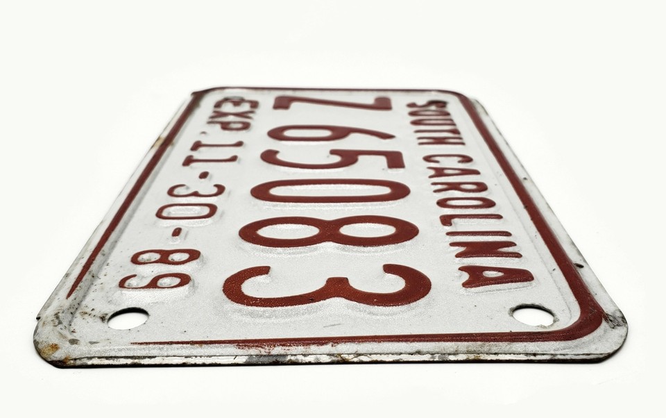 1989 South Carolina Motorcycle License Plate Z65083 White & Red