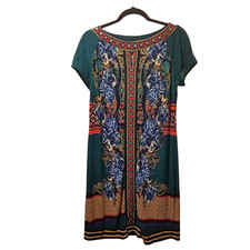 Beige by Eci Dress Women's 10 Green Floral Keyhole Cap Sleeve Studded *FLAW*