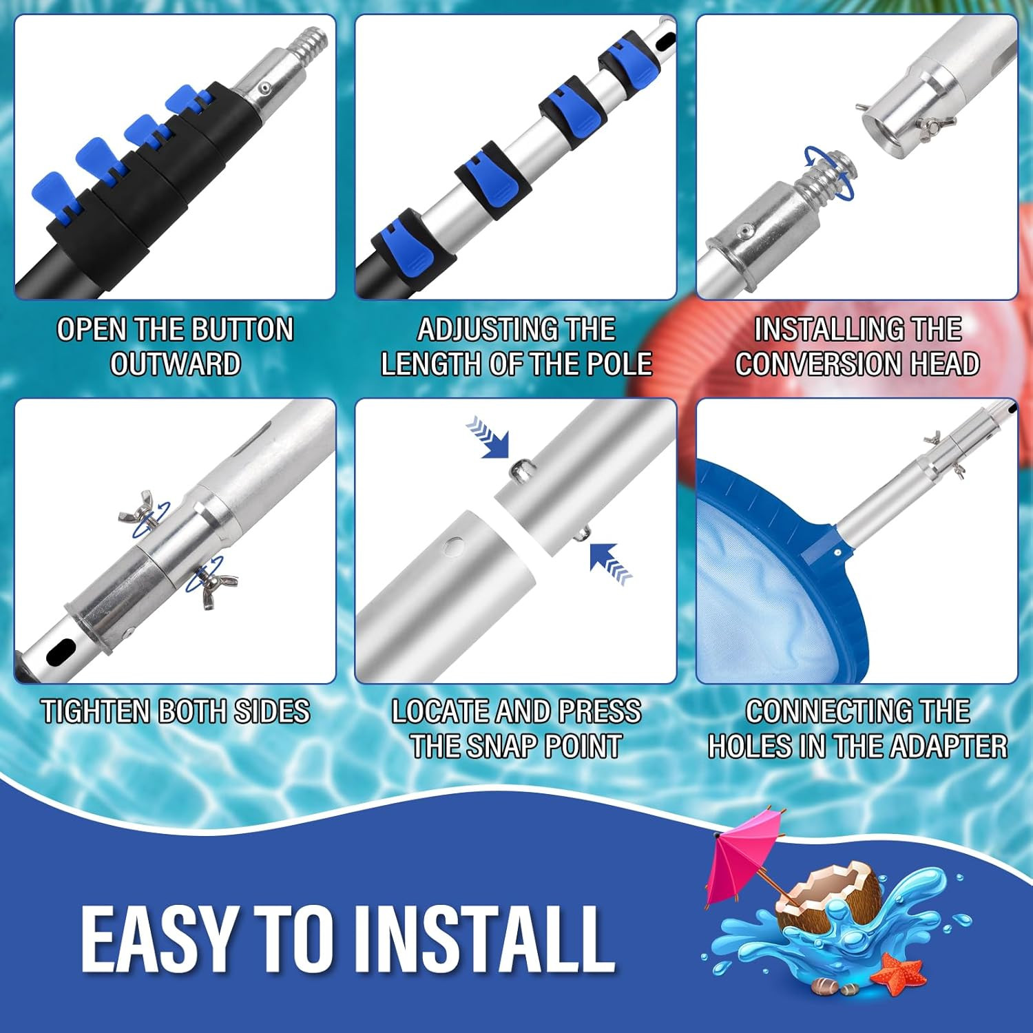 Telescopic Pool Pole - 16 FT Adjustable Premium Swimming Pool Pole Heavy Duty Al