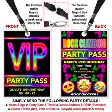 ROCK CLIMBING LANYARD VIP PASS, Emoji, Birthday Party Invitation, Personalised