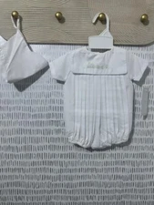 Boys Size Newborn Petit Ami Embroidered train romper with matching bonnet - New