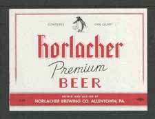 HORLACHER PREMIUM BEER 1 QUART BOTTLE LABEL ALLENTOWN PA - UNUSED