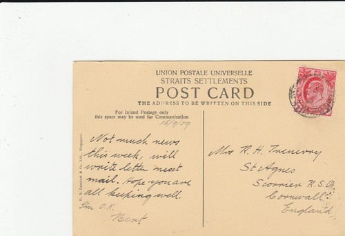 1909 SINGAPORE TO GB POSTCARD / BATTACKS