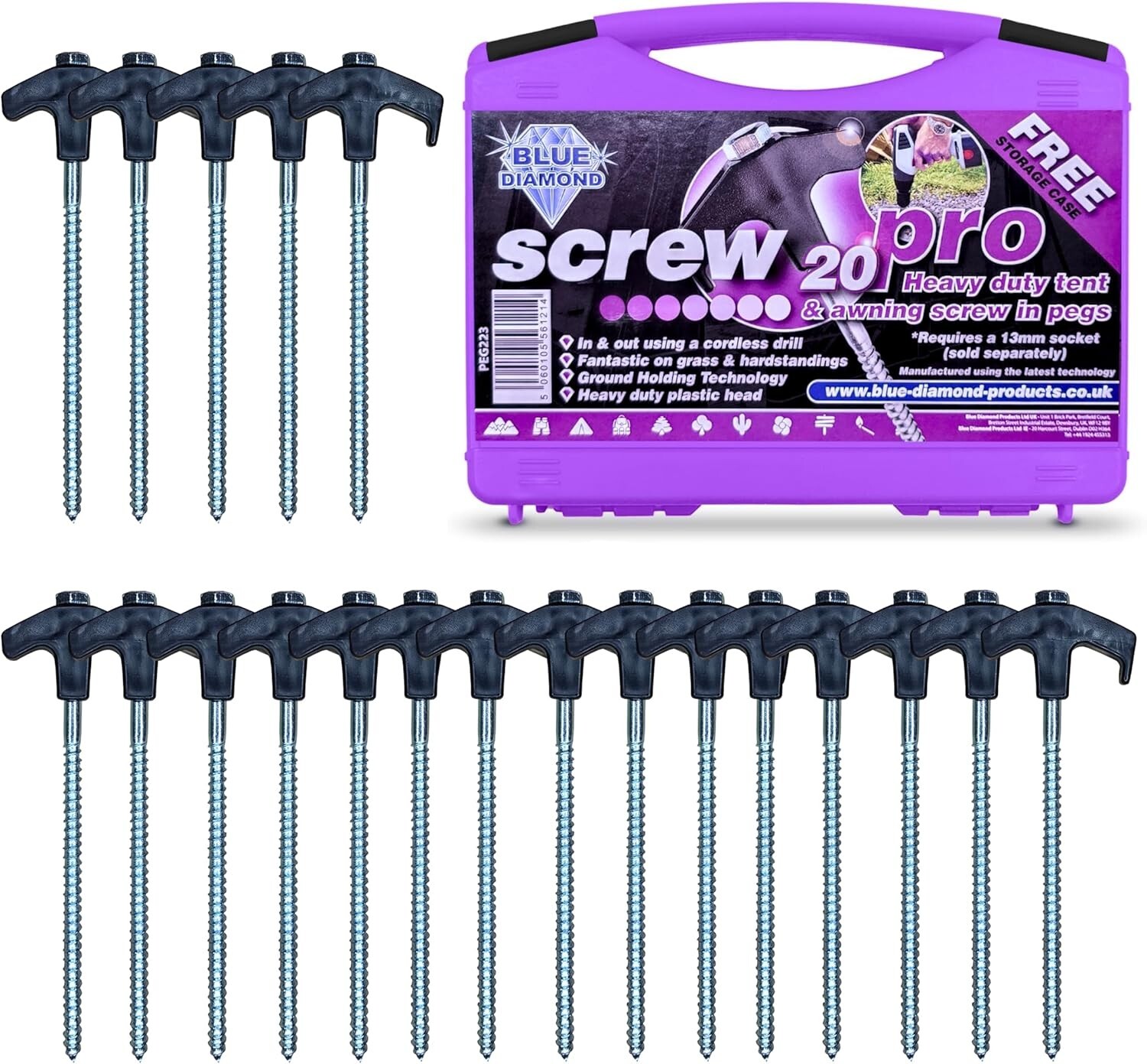 Blue Diamond Screw Tent Pegs For Hard Ground Galvanised Steel Camping Awning