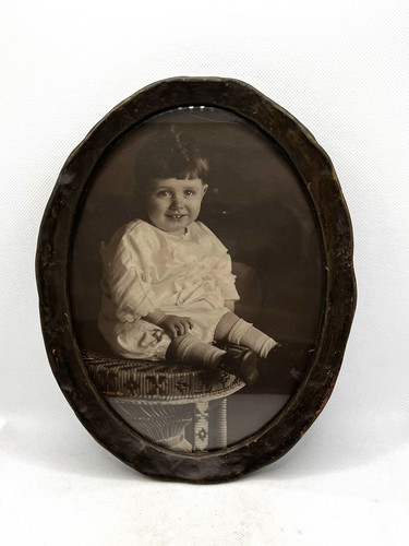 Antique Oval Framed Baby Boy On Wicker Stool Photo , Sepia Tone , Vintage Photography
