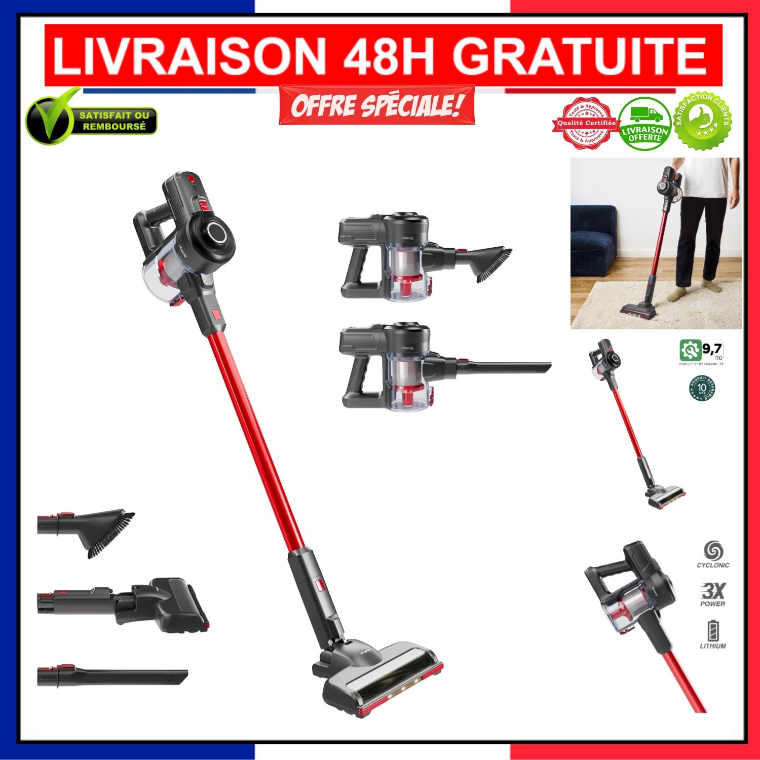 Aspirateur balai puissant et silencieux H.Koenig UP600 avec filtration cyclonique active